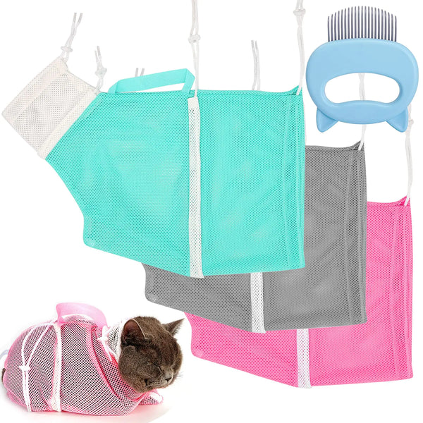 3 Pieces Cat Bathing Bag Cat Shower Net Bag with Cat Shell Comb Anti-Bite Anti-Scratch Adjustable Breathable Mesh Grooming Carrier Bag for Pets Bathing Nail Trimming Feeding Medicine Ear Clean